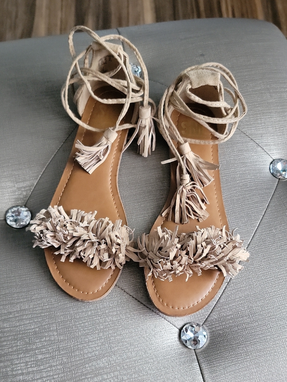 SM New York Beige Tassel Fringe Lace-Up Sandals